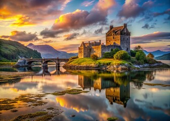 Fototapeta premium Majestic Eilean Donan Castle in Scotland: Panoramic View with High Depth of Field