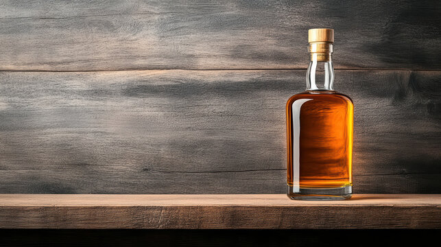 vintage whiskey bottle on dark wooden shelf, exuding warmth and charm