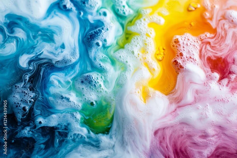 Poster swirling colors and bubbles create a vibrant abstract design in liquid art