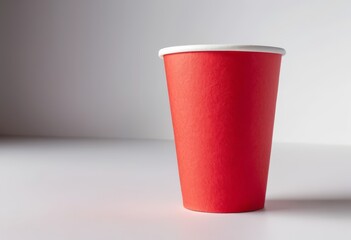 A vibrant red paper cup on a minimal background, perfect for showcasing coffee, tea, or takeaway beverages. Ideal for cafes, events, or food branding purposes. 