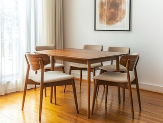 Fototapeta premium A modern minimalist interior design in a residential dining room with wooden dining tables and chairs and a view of hardwood-finished floors. Generative AI 