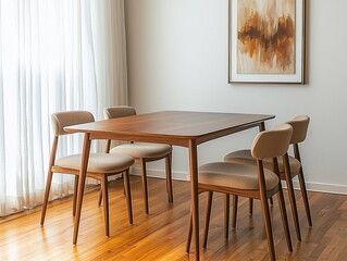 A modern minimalist interior design in a residential dining room with wooden dining tables and chairs and a view of hardwood-finished floors. Generative AI
