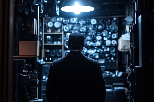 Mysterious figure in a dimly lit room filled with vintage music equipment