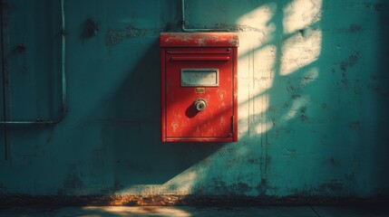 Sunlit rusty red mailbox, grunge wall, urban alley