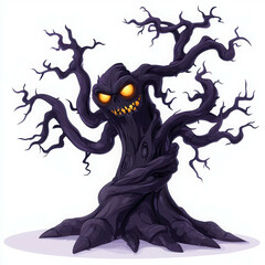Fototapeta premium Twisted Dark Cartoon Tree with Monstrous Face and Sinister Glow in a Whimsical Style