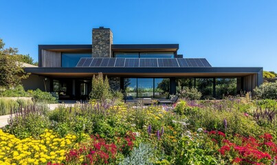Fototapeta premium Contemporary home with solar panels and vibrant garden under clear blue sky