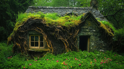 Stone Cottage Overtaken by Thick Roots in a Lush Green Deserted Landscape