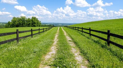 Fototapeta premium Grassy dirt road runs between black wooden fences through rolling green pastures under a blue sky.