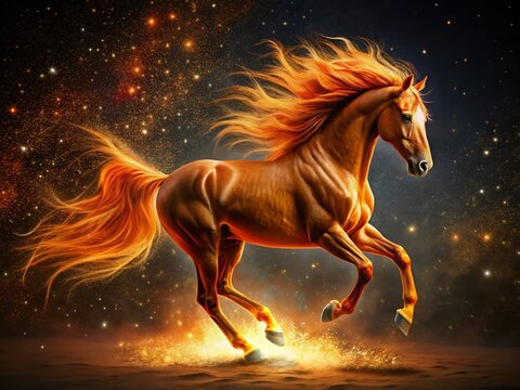 Majestic Golden Red Horse Silhouette Against a Starry Night Sky