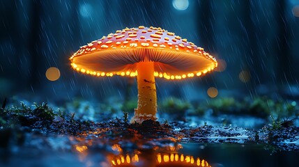 A glowing mushroom in the forest during a rainstorm.
