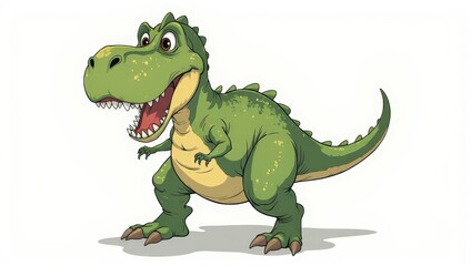 Fototapeta premium Vividly illustrated cartoon T-Rex in hues of green and yellow, with a wide-open jaw revealing sharp fangs, curves its body left while its tail swishes right