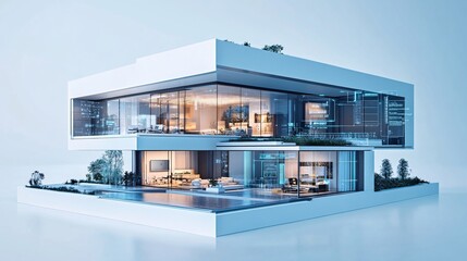 Futuristic smart home technology integrated into a smart building, displayed with advanced systems and automation features on a clean, isolated background.