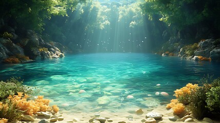 A serene hidden lagoon nestled in a lush, verdant forest, bathed in sunlight filtering through the canopy, with crystal clear turquoise waters and a sandy bottom.