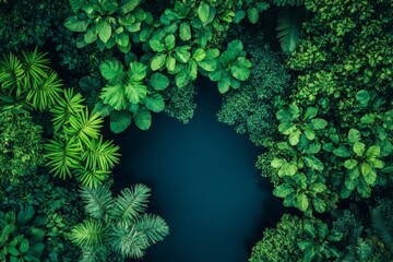 Lush green foliage surrounding a tranquil water pool in a tropical forest at midday