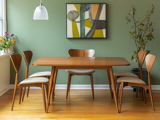 Minimalist interior design in a residential dining room with art frames hanging on mint-finished walls and pendant lighting and wooden dining tables and chairs. Generative AI
