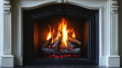 Warm and Inviting Fireplace with Glowing Embers in Elegant Mantel