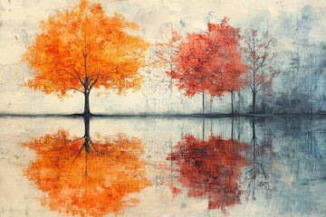 Autumn Trees Reflected in Still Water . A serene view of autumn trees reflecting in a calm river, showcasing vibrant fall colors and a peaceful natural setting.