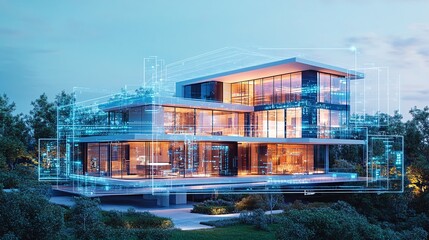 Futuristic smart home technology integrated into a smart building, displayed with advanced systems and automation features on a clean, isolated background.