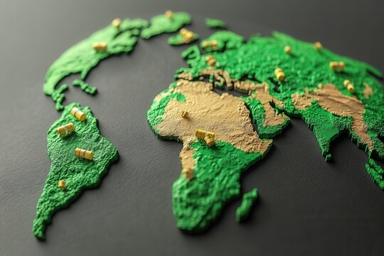 Global resource distribution visualized on a textured world map.  Small barrels represent resources scattered across continents.