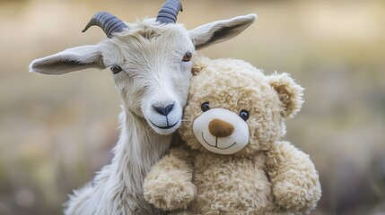 Obraz premium A stuffed goat toy hugging a soft teddy bear