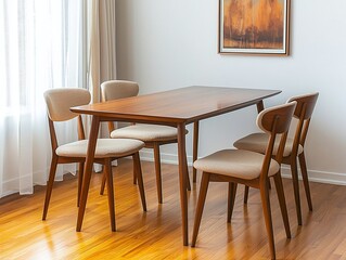 Minimalist, Mid century Modern Interior Design in Dining Room with Wood Table and Chair. Generative AI
