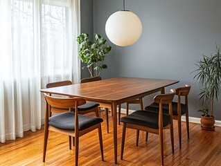 Minimalist interior design in a residential dining room with grey-finished walls and pendant lighting, wood dining table and chairs. Generative AI
