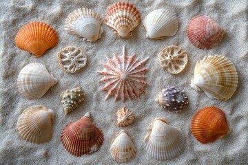 Beautiful arrangement of colorful seashells on sandy beach surface at sunset