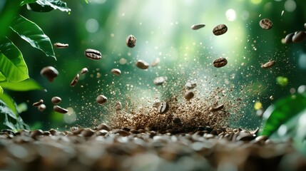 An energetic scene featuring coffee beans exploding into a dynamic display, set against an enchanting green backdrop that highlights the beauty of fresh coffee.