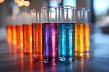 Colorful sparkling beverages in glass tubes arranged on a table at a festive gathering
