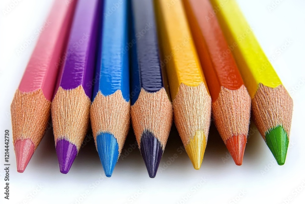 Poster vibrant color pencils arranged in a line showcasing a variety of hues for creative projects and art 
