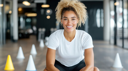 woman in gym smiling while practicing footwork with cones around her
