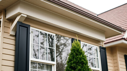 Fototapeta premium Elegant Home Exterior: Modern Design and Curb Appeal. High-quality windows, shutters, and siding create a stunning house facade and enhance the property's value.