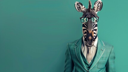The image with a zebra in a suit and glasses is suitable for illustrations in articles about business and creativity, as well as in advertising and on magazine covers.