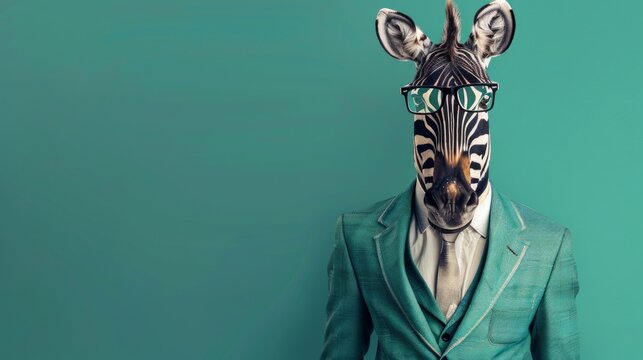 The image with a zebra in a suit and glasses is suitable for illustrations in articles about business and creativity, as well as in advertising and on magazine covers.