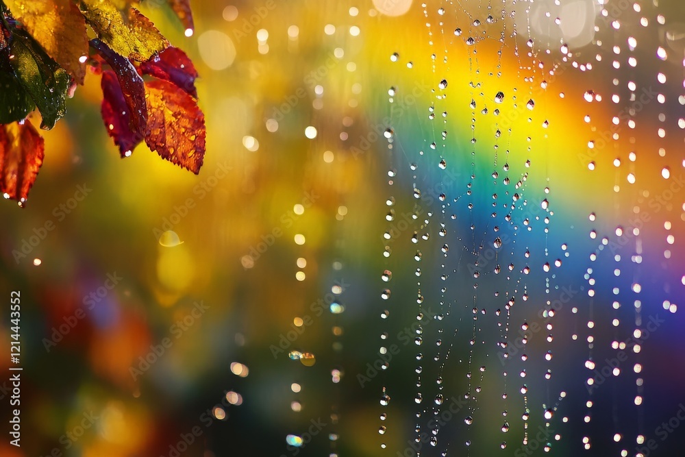 Poster raindrops on colorful leaves creating a serene atmosphere in a vibrant autumn setting