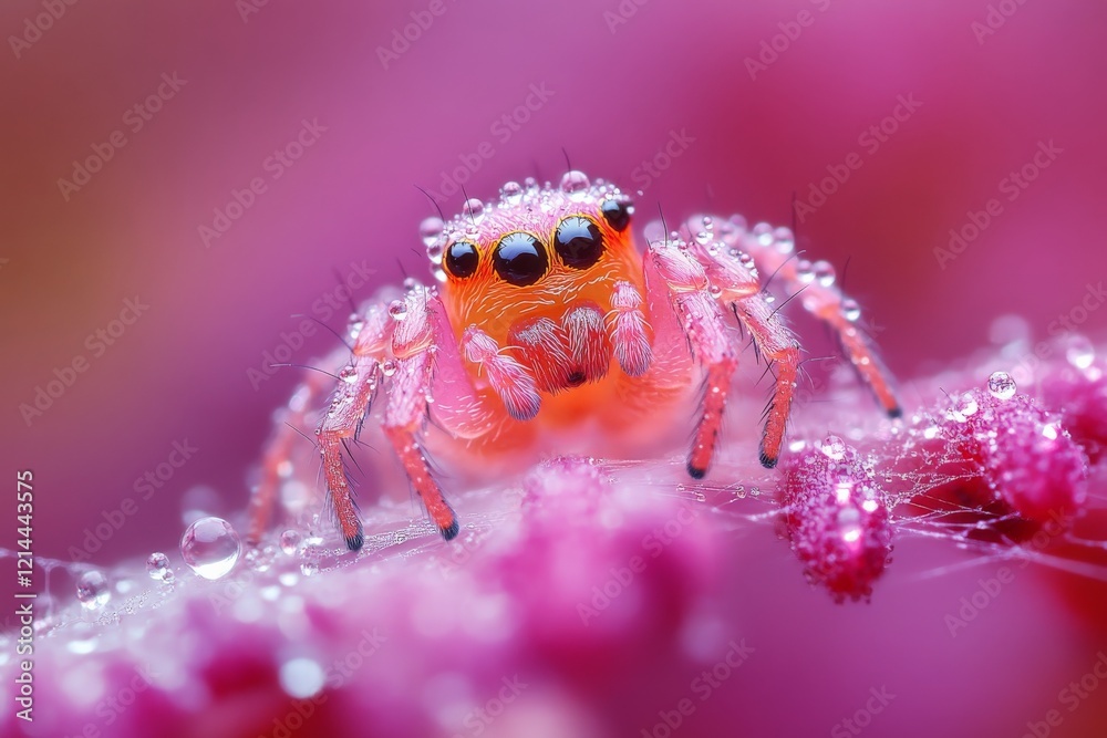 Aufkleber close-up view of a colorful spider resting on a flower covered in dew droplets in a vibrant garden d