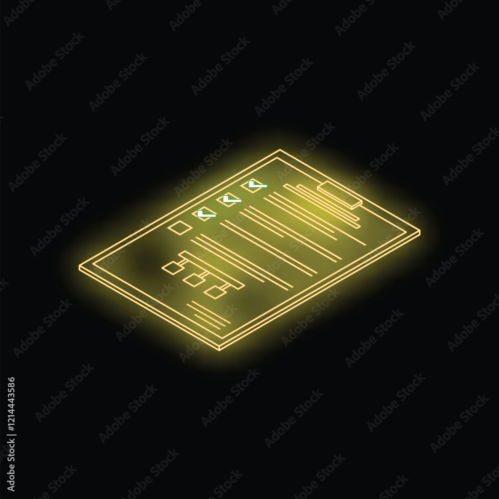 Poster neon clipboard showing completed checklist, symbolizing task completion and efficient workflow