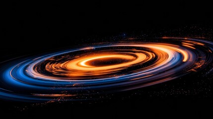 Obraz premium Luminous orange-blue spiral galaxy spinning with cosmic energy, bright core radiating amid starry deep space background