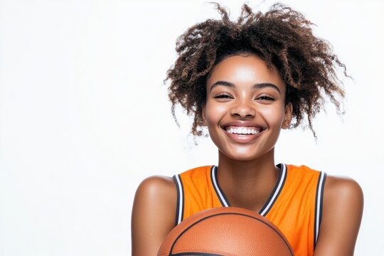a young Black basketball player smiles while holding a ball, an inspiring image for youth-focused campaigns promoting active lifestyles and empowerment.