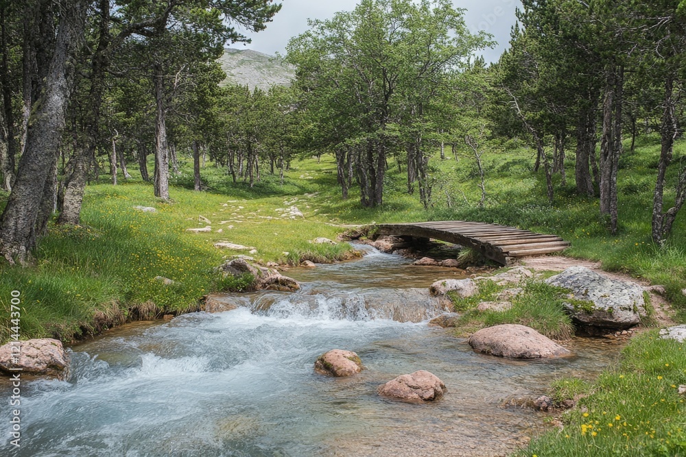 Poster scenic forest landscape featuring a wooden bridge over a flowing stream surrounded by greenery and t