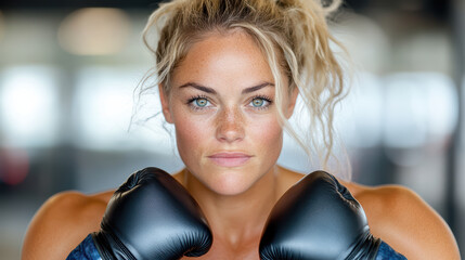 determined woman in boxing gloves, ready for training and focused