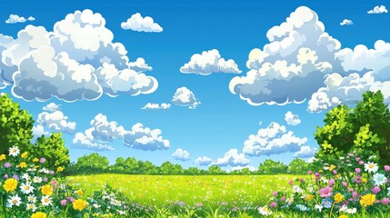 Fototapeta premium Vector Illustration of Fluffy Cotton Clouds Floating Above a Vibrant Flower Field Against a Bright Blue Sky
