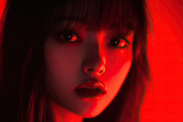 Fototapeta premium A conceptual image of an Asian woman with black shoulder-length hair and bangs, illuminated by red-pink neon light, her expression smooth and unreadable, hinting at deep thoughts.