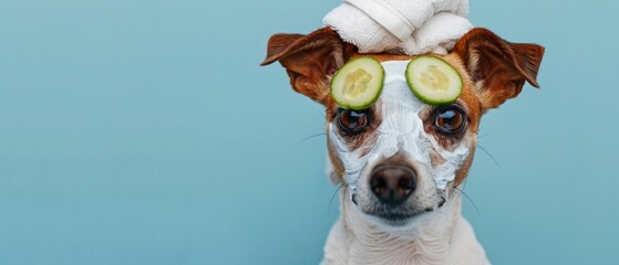 A dog with cucumbers on his eyes and a towel on his head like he's at a spa. Useful for humorous articles, pet product advertising and social media.