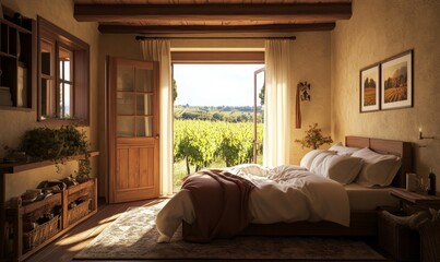 Cozy bedroom with vineyard view on a sunny day in a rustic country home