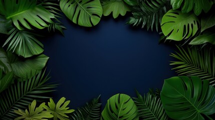 Naklejka premium Tropical Leaf Frame: A vibrant arrangement of lush tropical leaves creates a circular frame against a deep blue background, evoking a sense of exotic paradise and tropical elegance. 