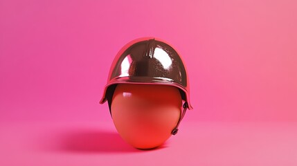 Shiny military helmet protecting fragile easter egg on vibrant pink background, representing war and peace, holiday and conflict