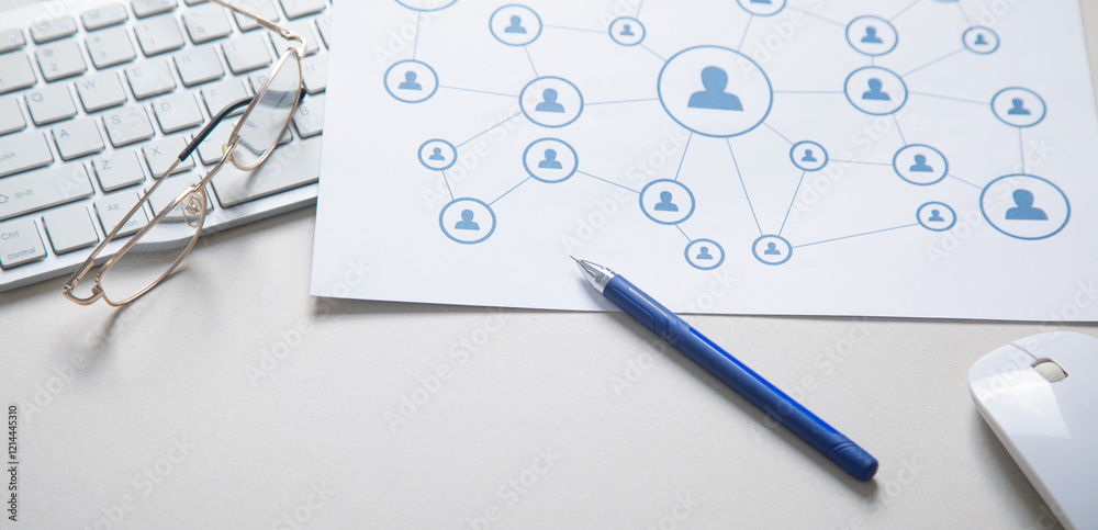 Poster social media networks and interactions on paper with a business objects.