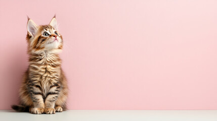 Adorable kitten with playful expression on pastel background