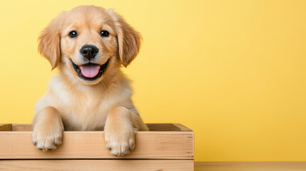 Adorable puppy with wagging tail in wooden box on sunny yellow background